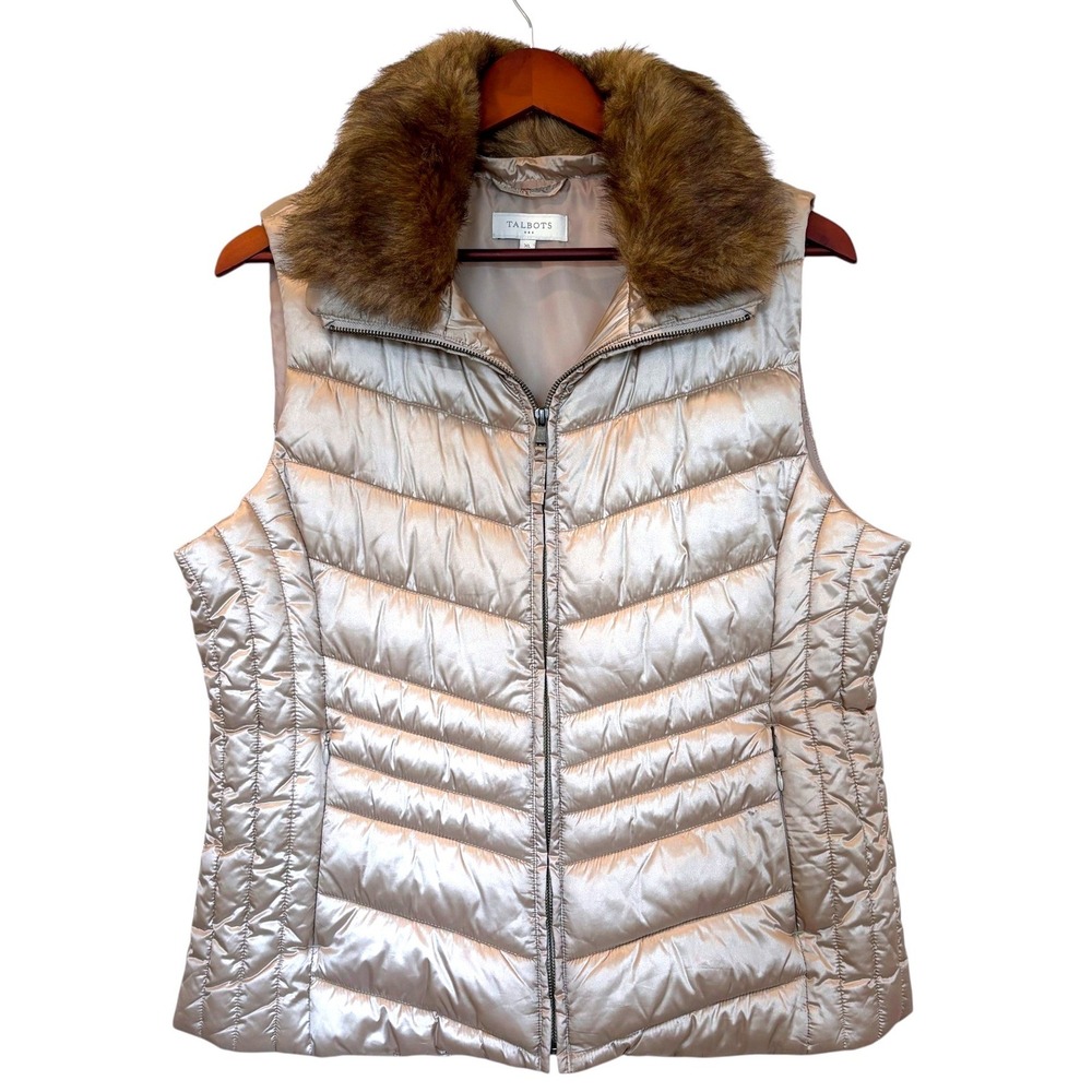 Talbot Champagne Quilted Puffer Vest XL Faux Fur Collar Winter Chic Quiet Luxury